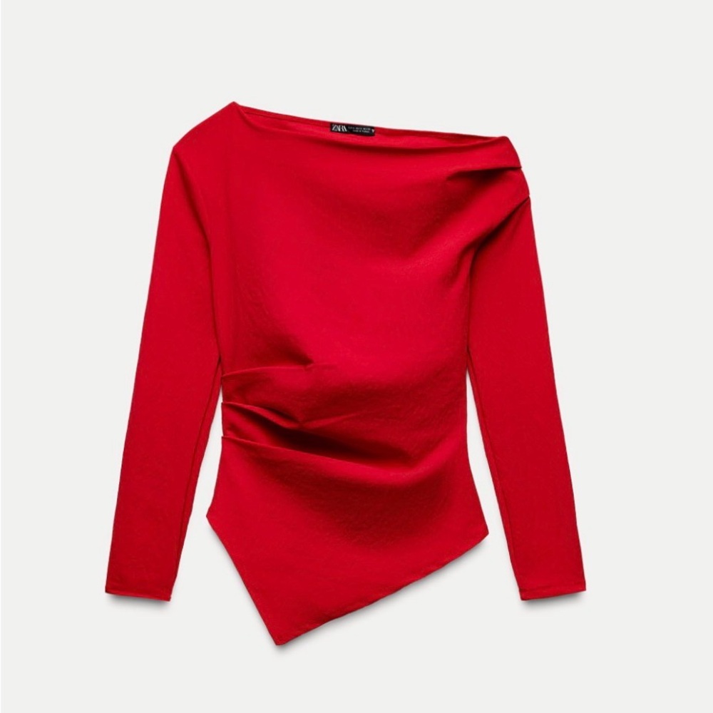 Zara Red Asymmetrical Long Sleeve Top
